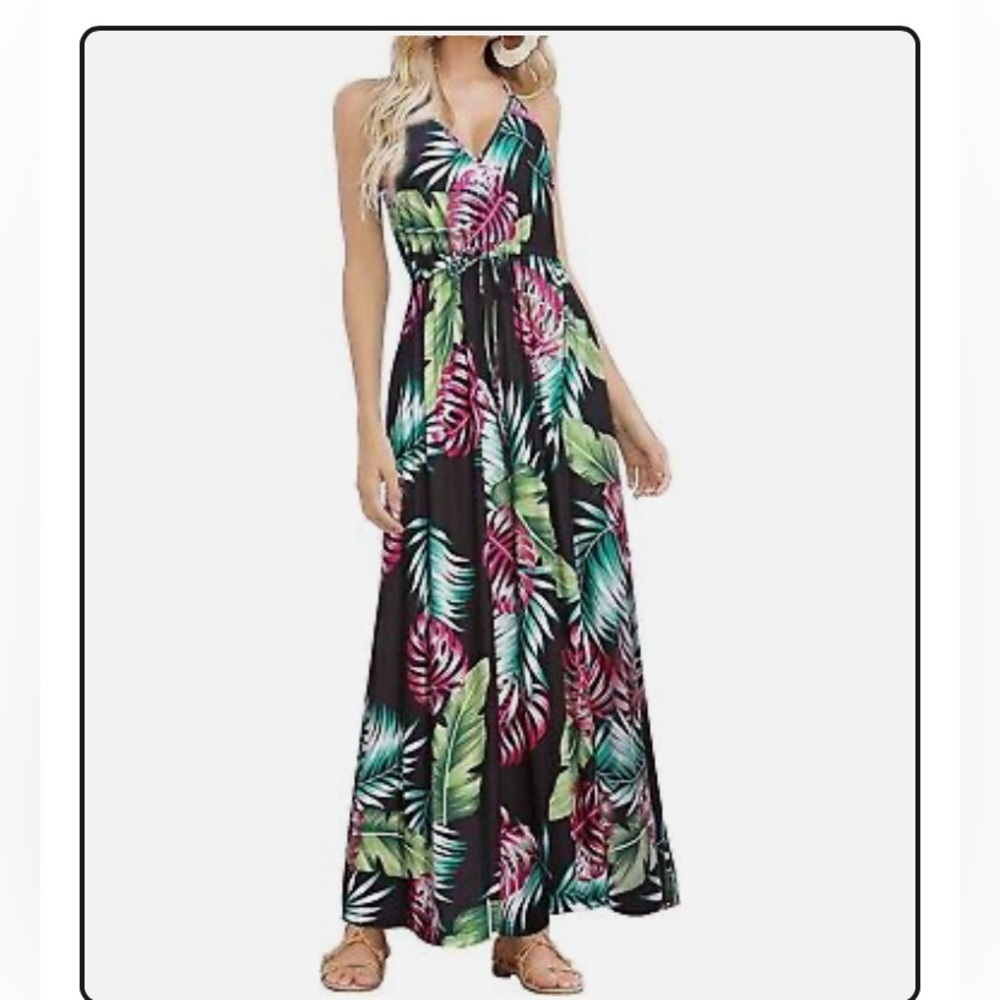 *Huskary Black Tropical Hawaiian Leaf Print Sleeveless Large Maxi Dress #IH